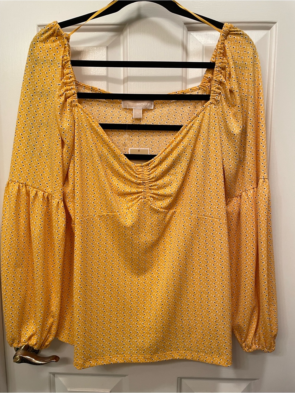 Michael Kors Yellow Floral Ruched Square-Neck Top Xl